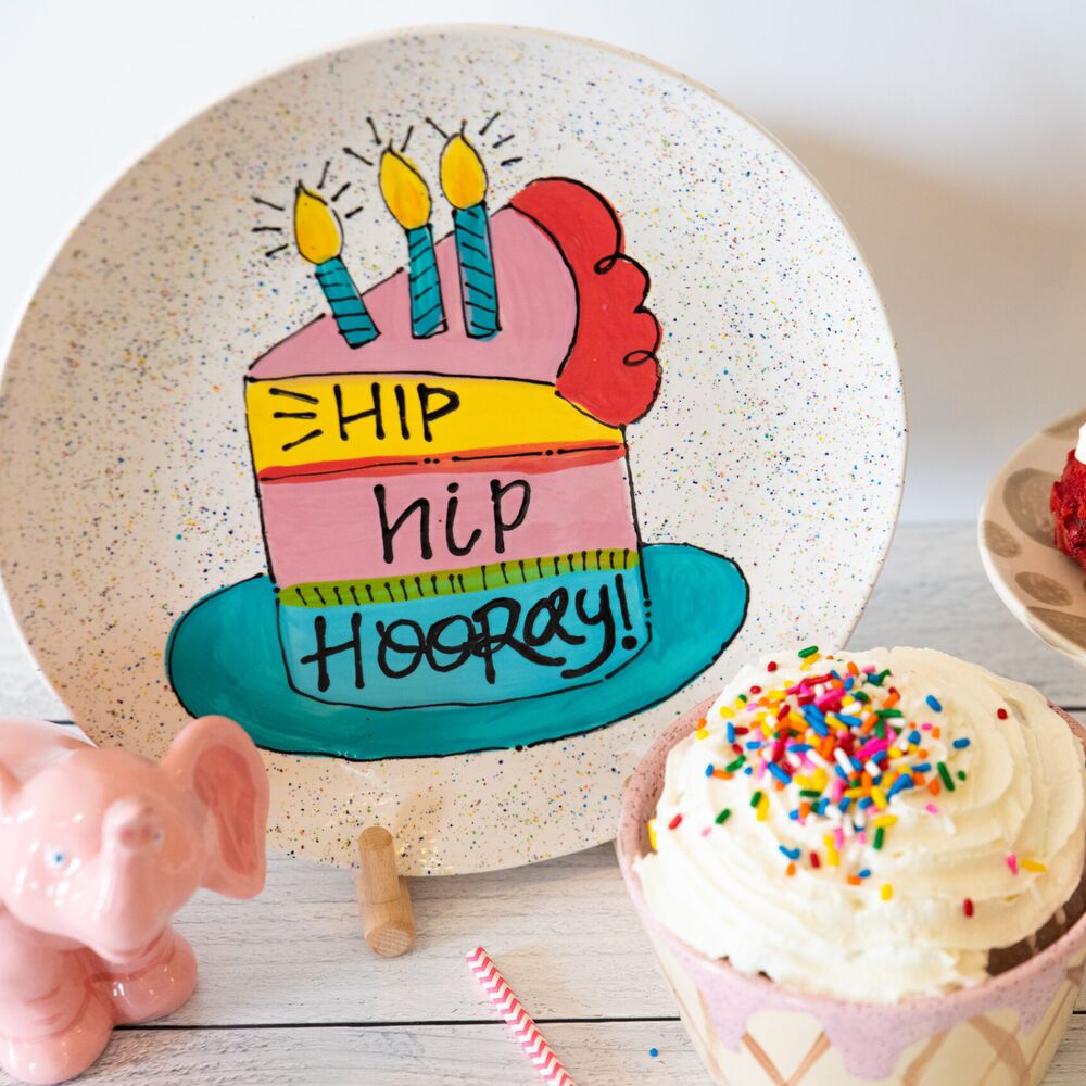 Hand-painted Hip Hip Hooray birthday plate with cupcakes
