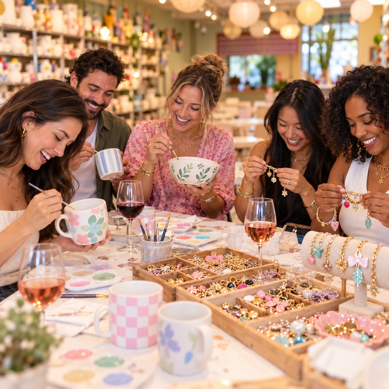 Friends painting mugs and bowls together at a long studio table