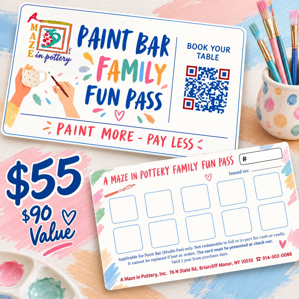 The Paint Bar Family Fun Pass: $55 for a $90 value, with ten boxes to mark off on the back