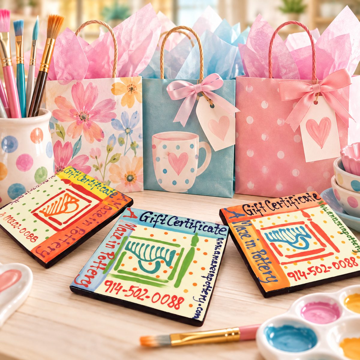 Three hand-painted ceramic tile gift certificates in front of gift bags with tissue paper