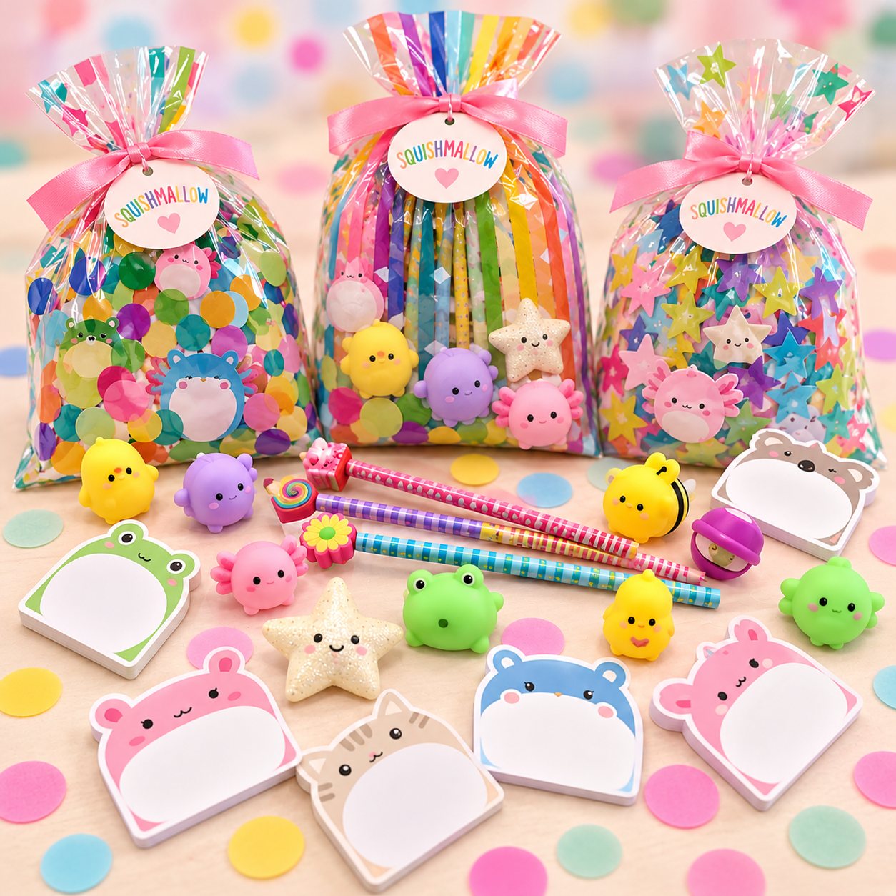Squishmallow goodie bags tied with pink ribbon, with Squishmallow squishies, erasers and pencils