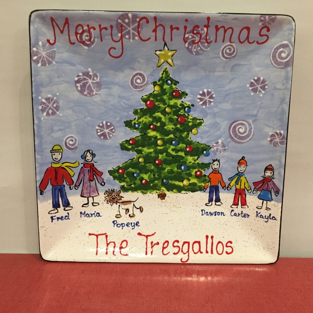 Square Merry Christmas plate with a decorated tree, snowflakes, stick-figure family and a dog