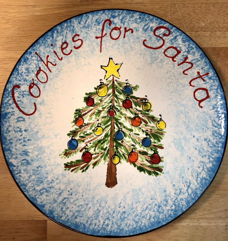 Round Cookies for Santa plate with an ornament-covered tree and a snowy blue sponged border