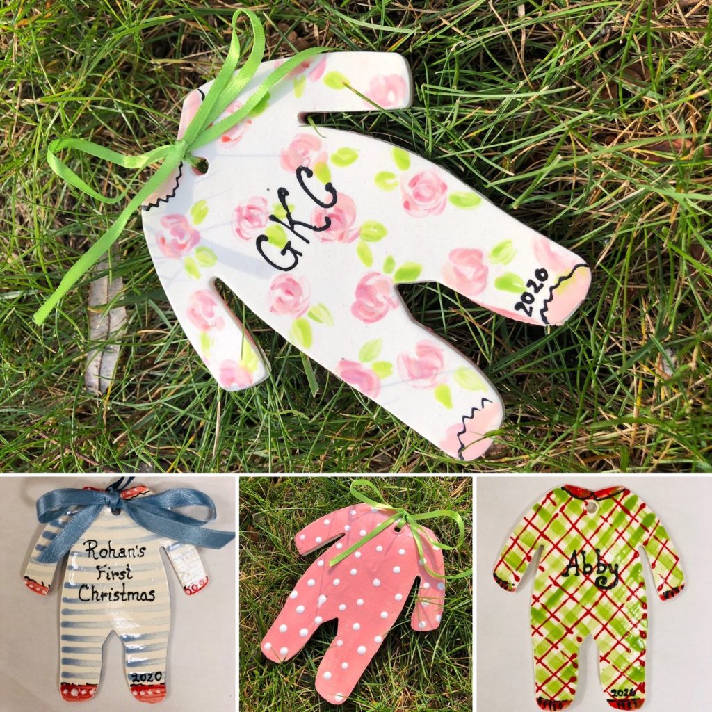 Hand-painted baby onesie ornaments with pink roses, plaid and polka dots for a first Christmas