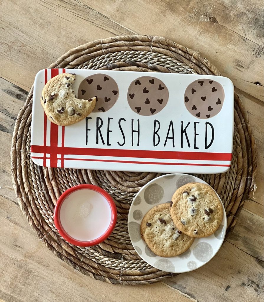 Hand-painted Fresh Baked cookie tray with red stripes and painted cookies, plus matching small dishes