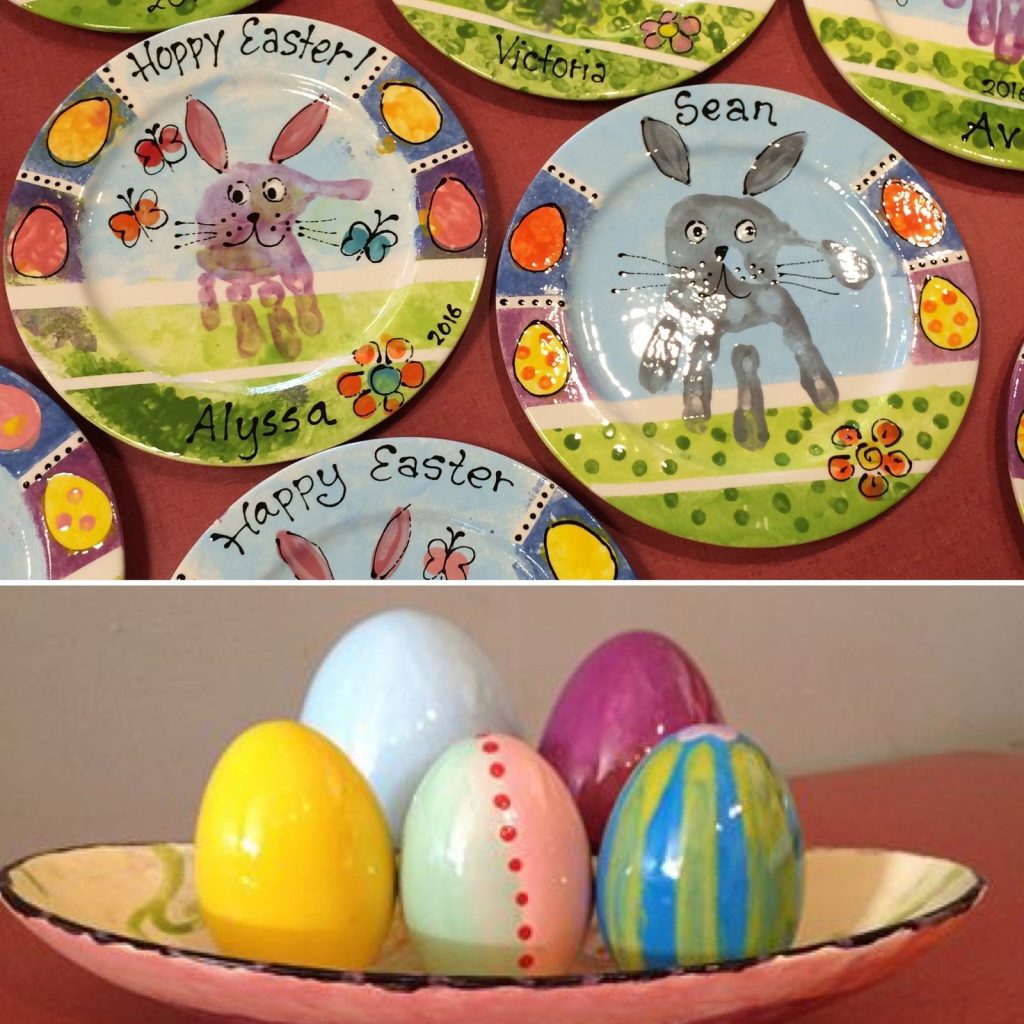 Hand-painted Easter handprint bunny plates above a bowl of colorfully painted ceramic eggs