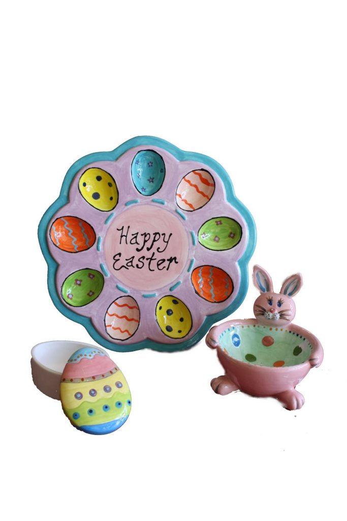 Hand-painted Happy Easter egg plate with matching painted egg box and pink bunny bowl
