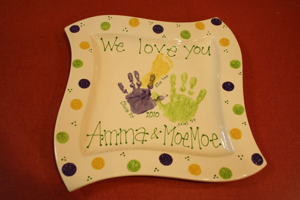 Hand-painted wavy square plate with purple and green handprints, We love you and polka dots