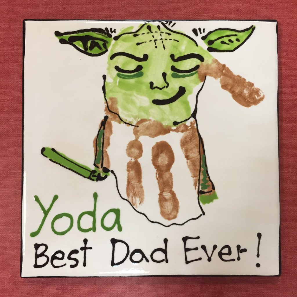 Hand-painted square platter of a handprint Yoda with Best Dad Ever lettering