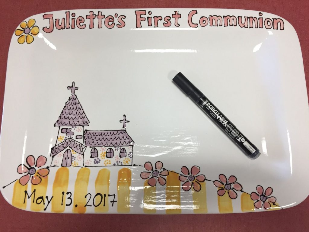 Rectangular First Communion platter with a church, flowers and a porcelain marker for guest signatures