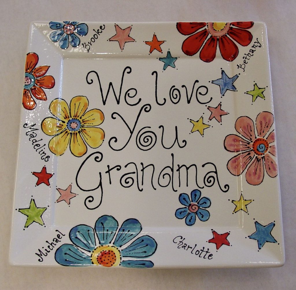 Square We Love You Grandma platter with bright flowers, stars and grandchildren's names