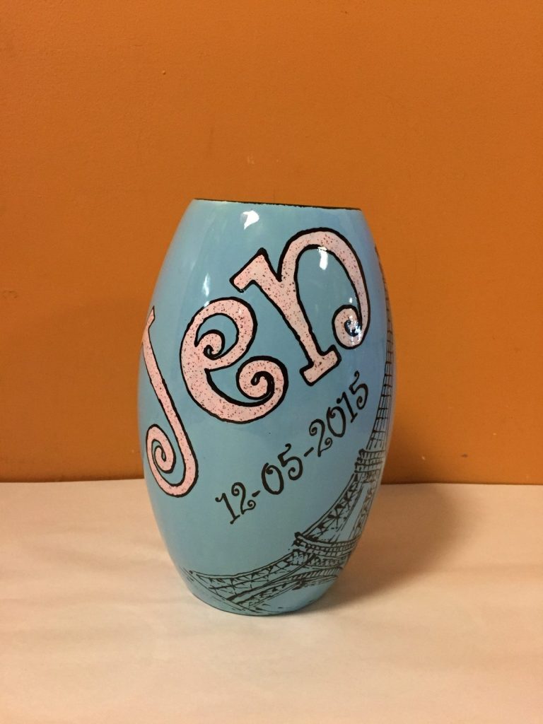 Hand-painted light blue vase with large pink lettering and a wedding date from 2015