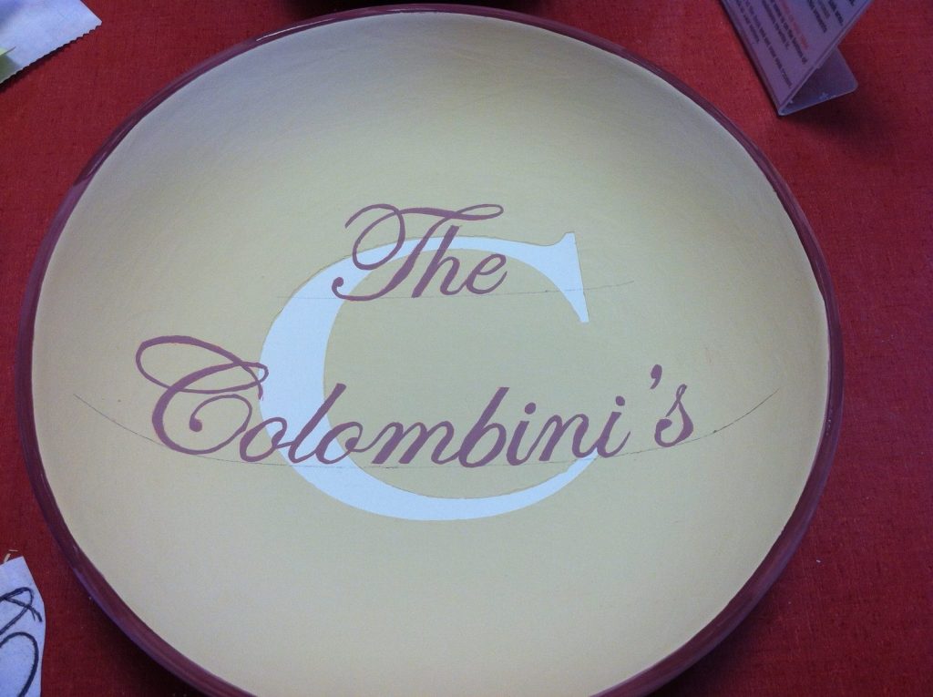 Hand-painted cream bowl with a large lavender monogram C and family name in script