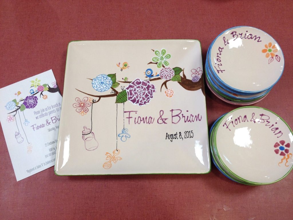 Hand-painted wedding platter and matching bowls with flowers on a branch, dated 2013