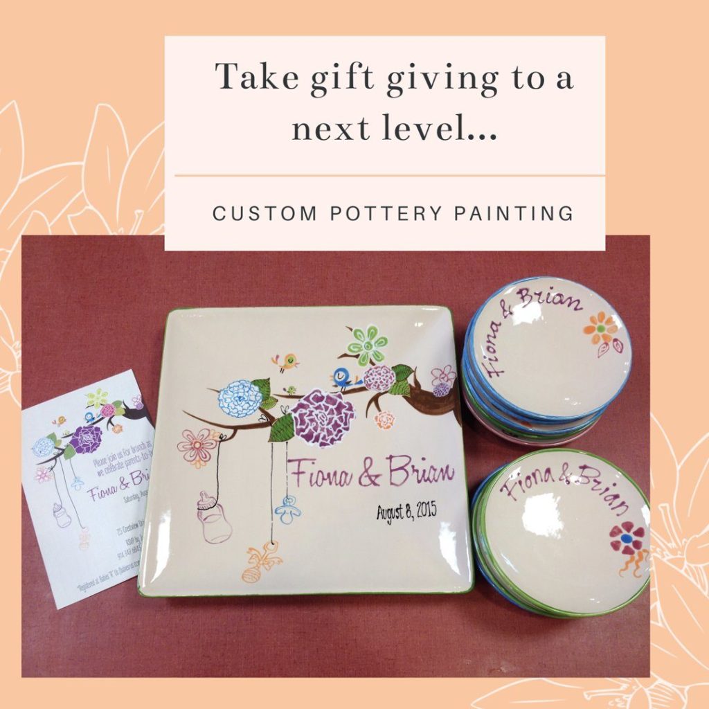 Custom pottery painting promo with a floral wedding platter and matching bowls set