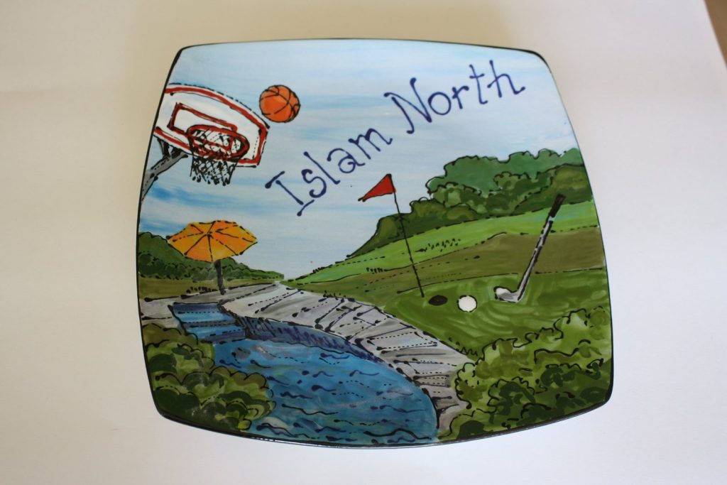 Hand-painted square plate with a golf course, basketball hoop and creek landscape scene