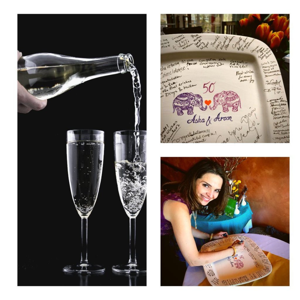 Collage of champagne flutes and a woman signing a hand-painted 50th anniversary elephant platter