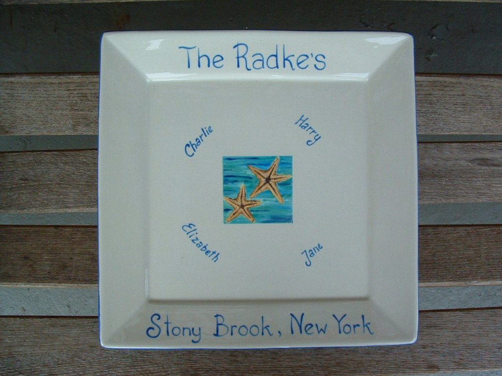 Hand-painted square family platter with a blue starfish center tile and Stony Brook, New York