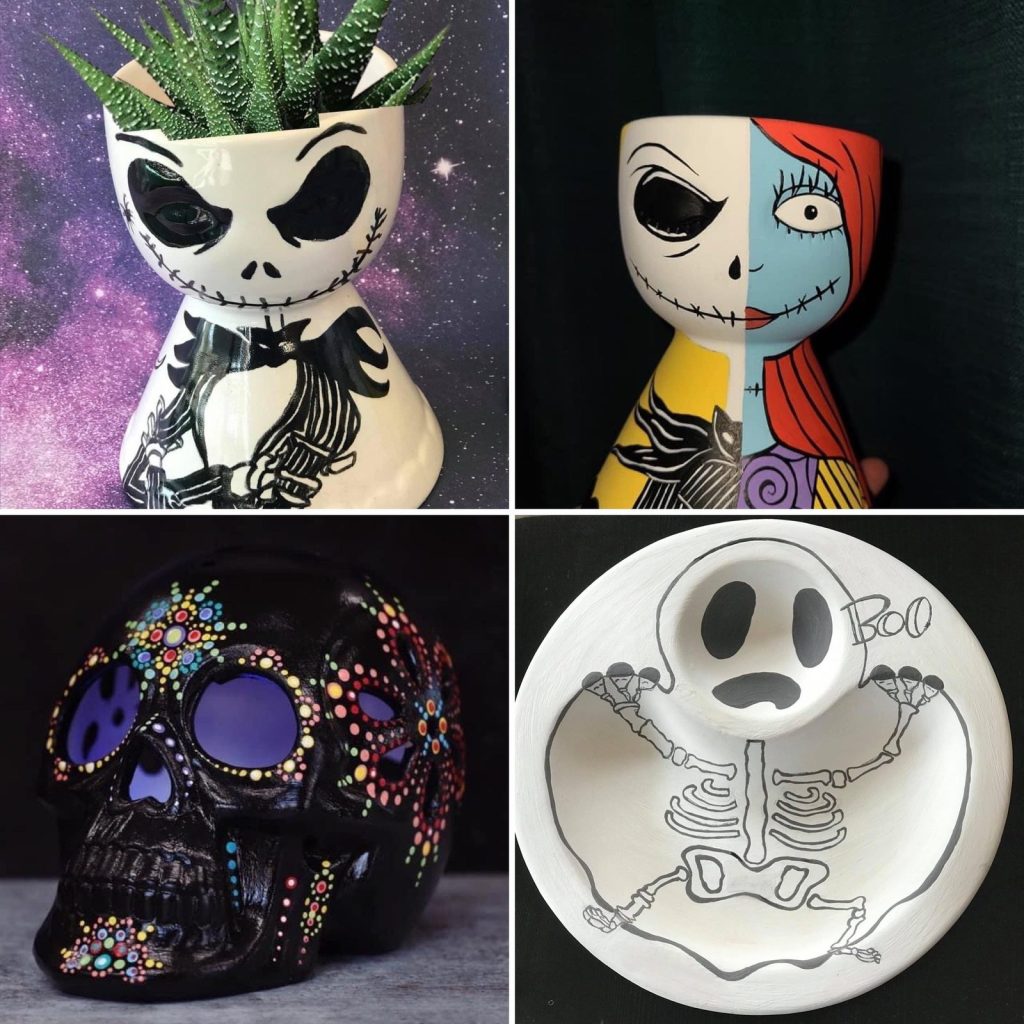 Hand-painted Halloween set of Jack Skellington and Sally planters, a dotted black sugar skull, and a skeleton plate