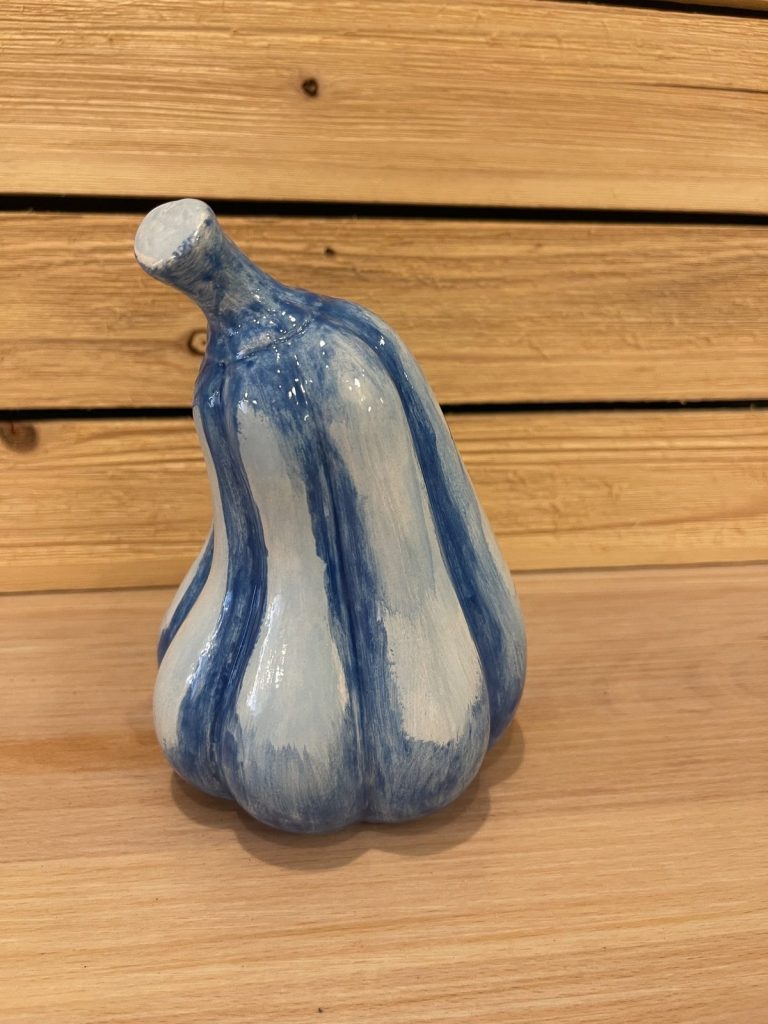 Hand-painted tall gourd in blue and white stripes with a white stem