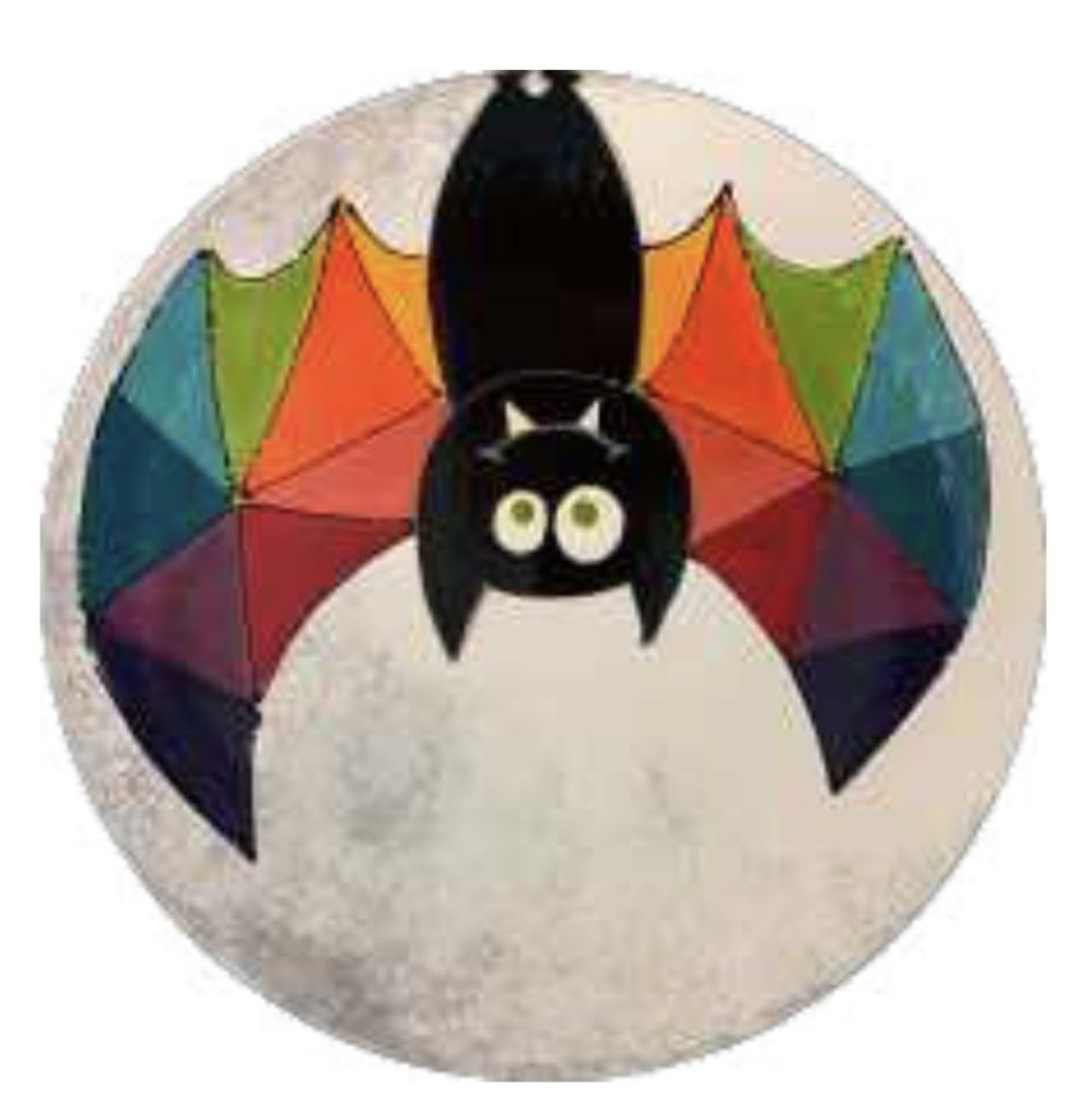 Hand-painted round plate of a black bat with rainbow geometric wings