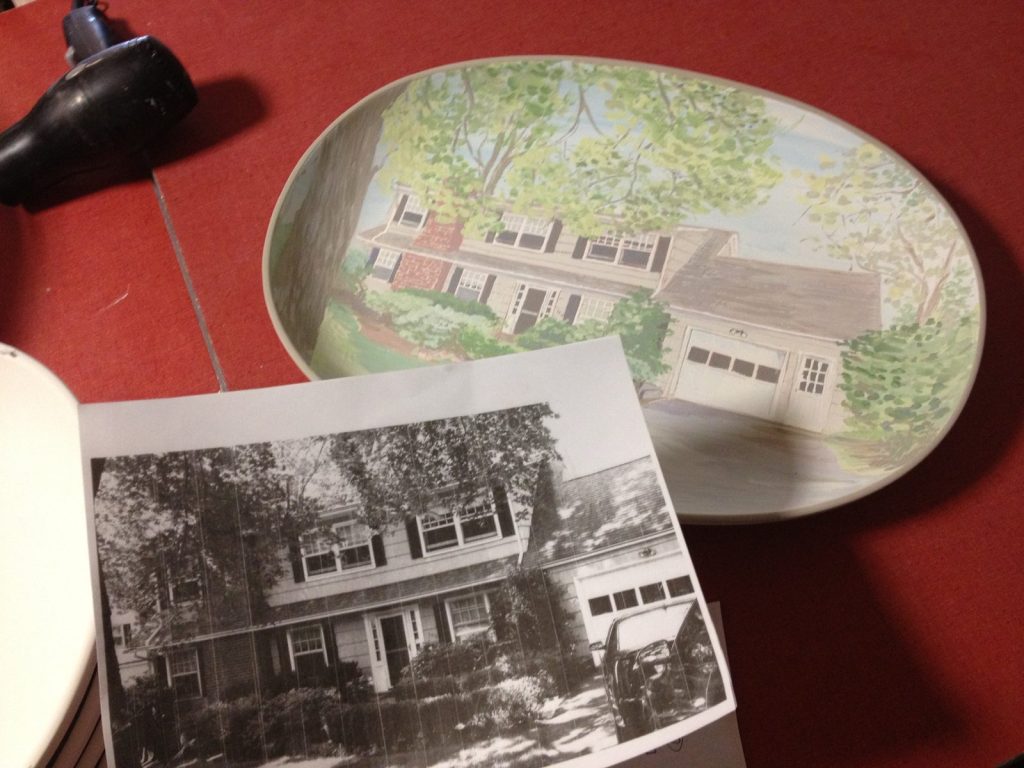 Hand-painted oval house platter shown beside the black and white reference photo it was painted from