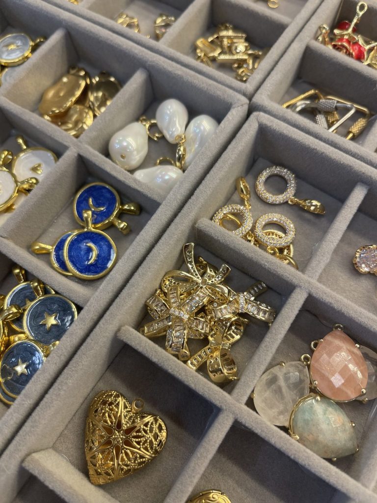 Blue enamel moon charms, pearls and gemstone charms