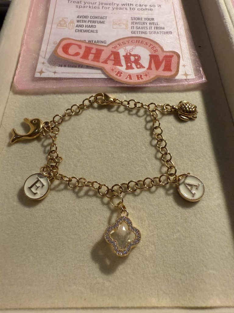 Charm bracelet with initials E and A, a dolphin, a shell and a crystal clover