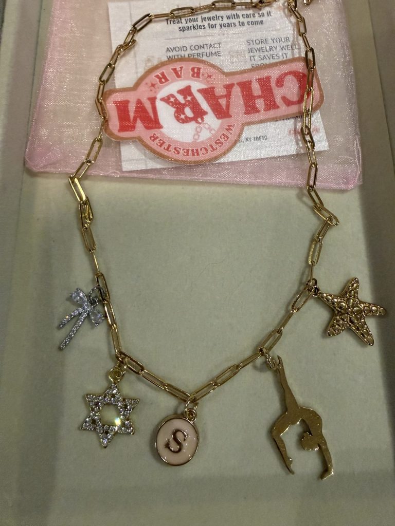 Charm necklace with a Star of David, an initial S, a gymnast and a starfish