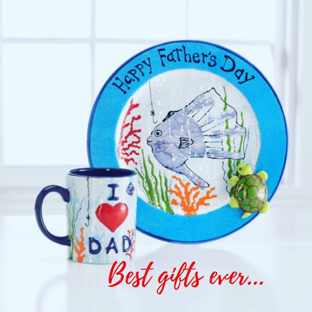 Blue-rimmed Father's Day plate with handprint fish and matching I love Dad mug