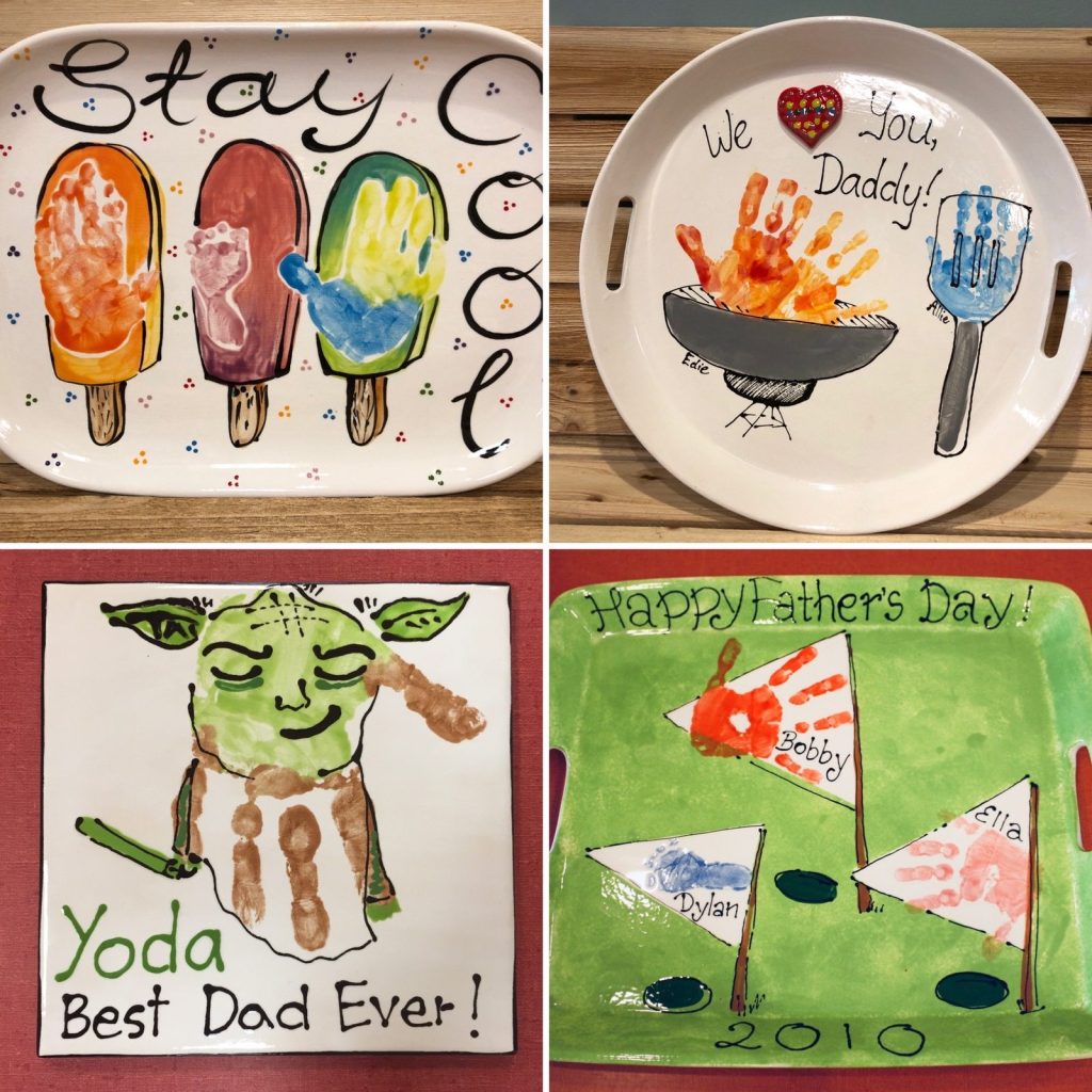Four hand-painted Father's Day handprint platters with popsicles, a grill, Yoda and golf flags