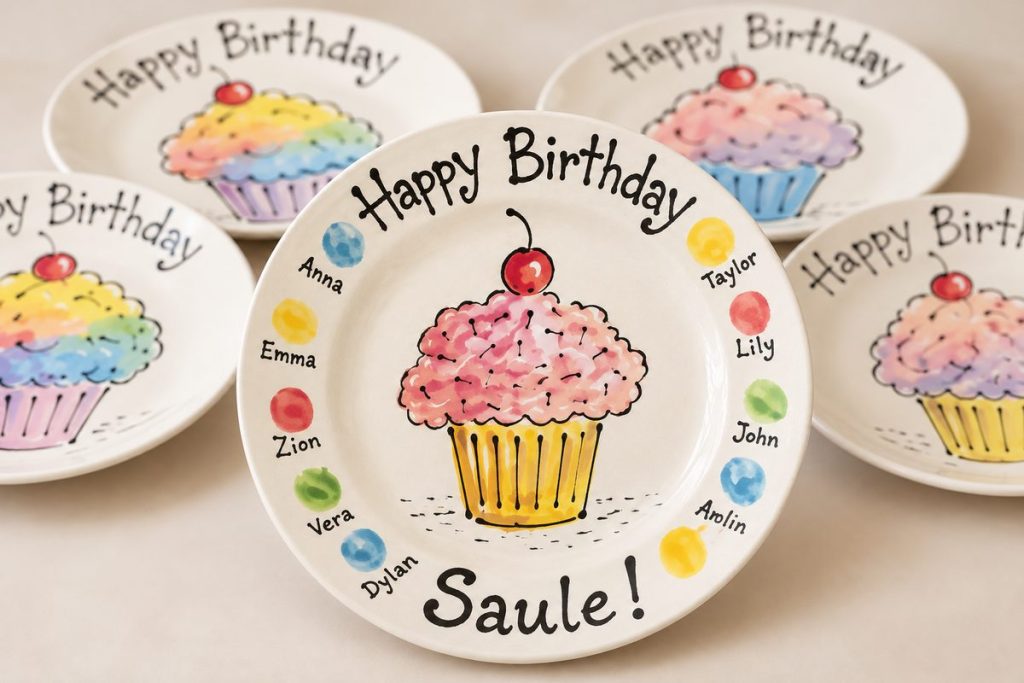 Hand-painted Happy Birthday cupcake plates, the front one personalized for Saule with guests' names and colorful fingerprints