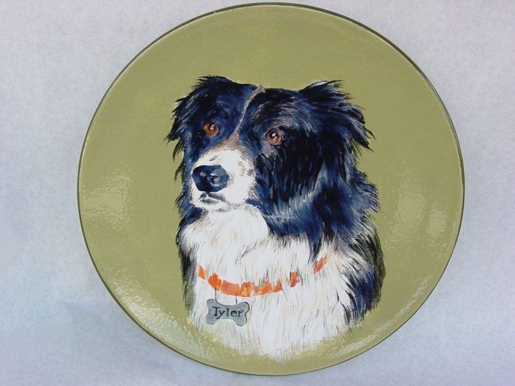 Hand-painted round plate portrait of a black and white collie with orange collar on olive green