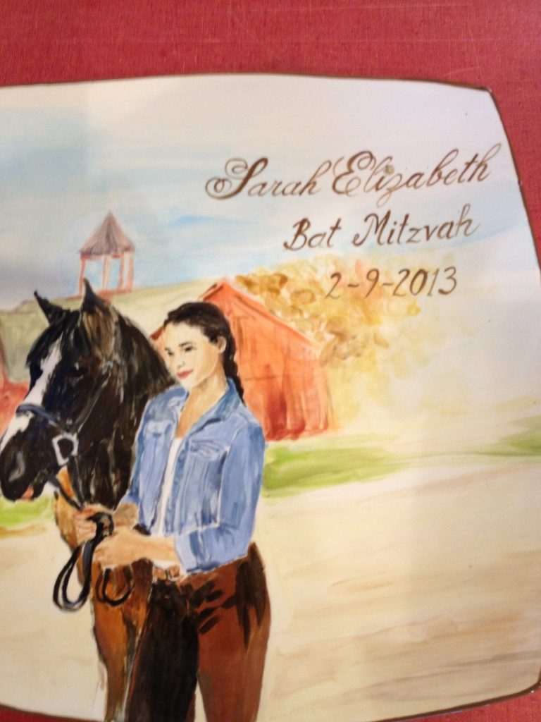 Hand-painted Bat Mitzvah platter portrait of a girl in denim with her horse by a red barn