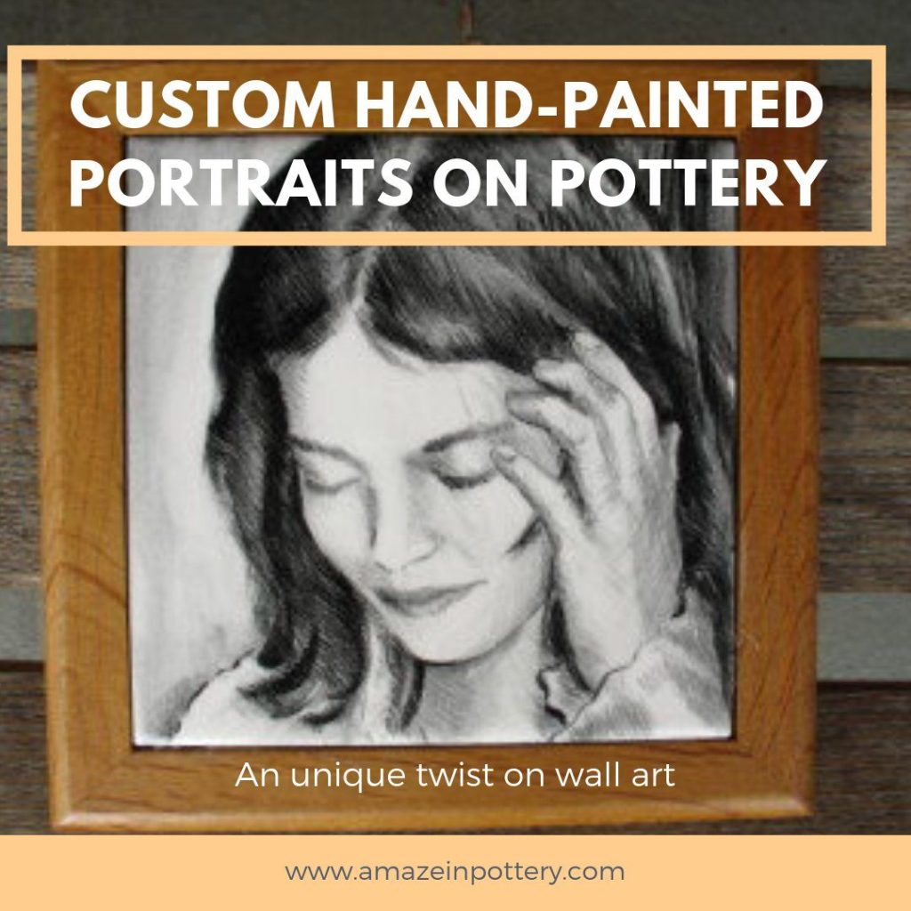 Hand-painted black and white portrait of a woman in a wood frame, promoting custom pottery portraits