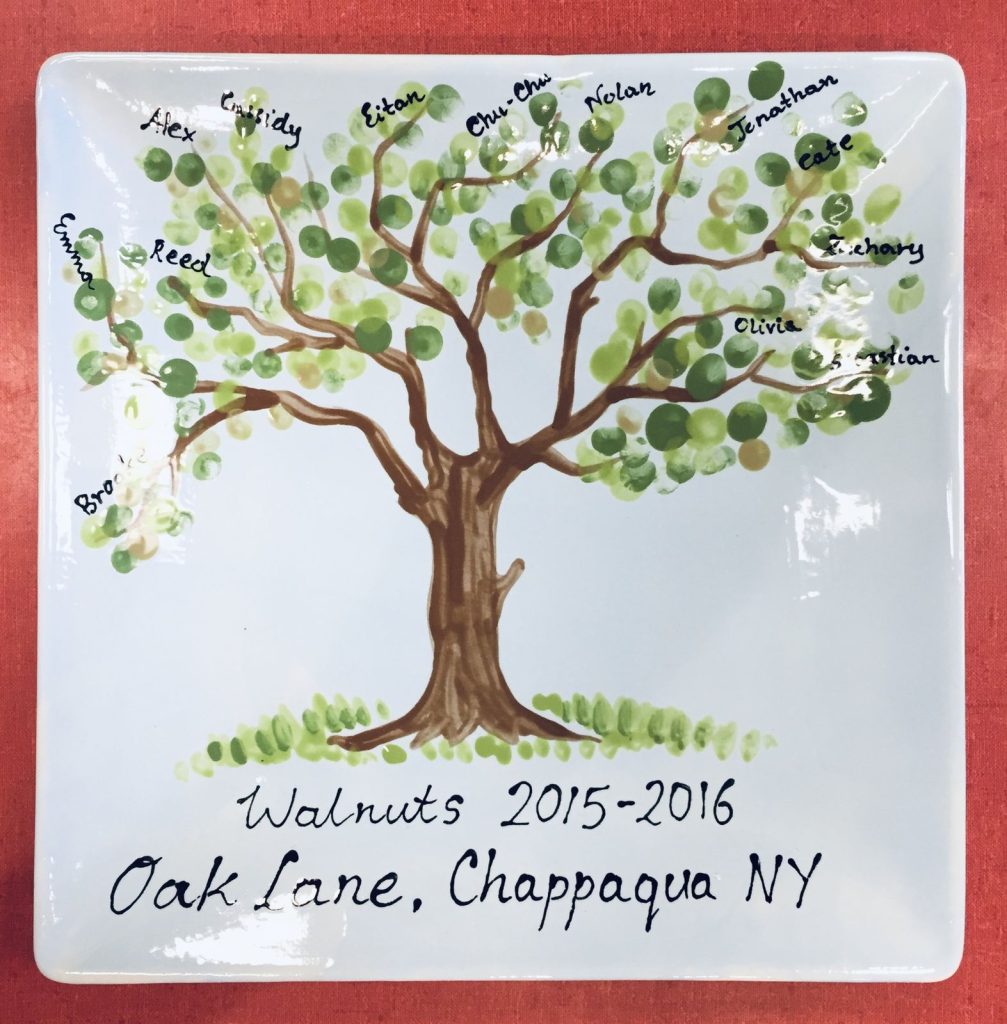 Square platter with a fingerprint tree whose leaves carry each student's first name, class of 2015-2016