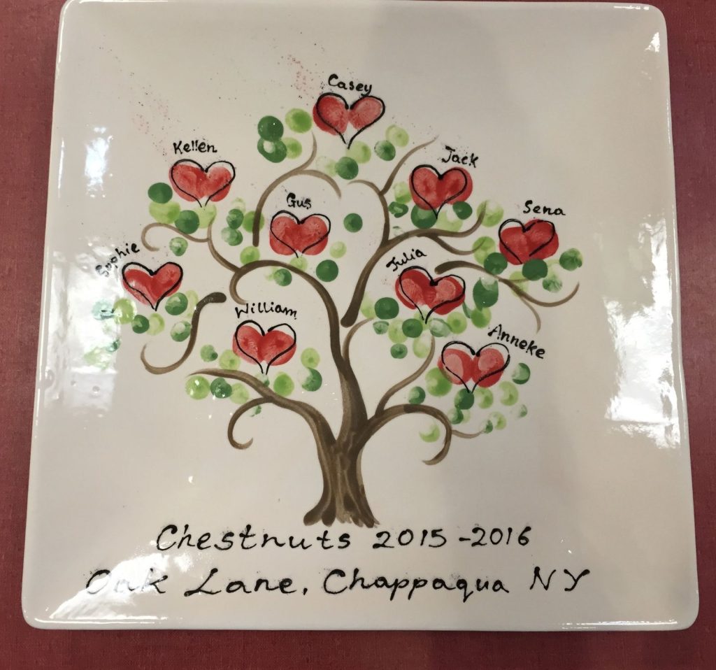 Square class gift platter with a fingerprint tree and red heart fingerprints labeled with students' names