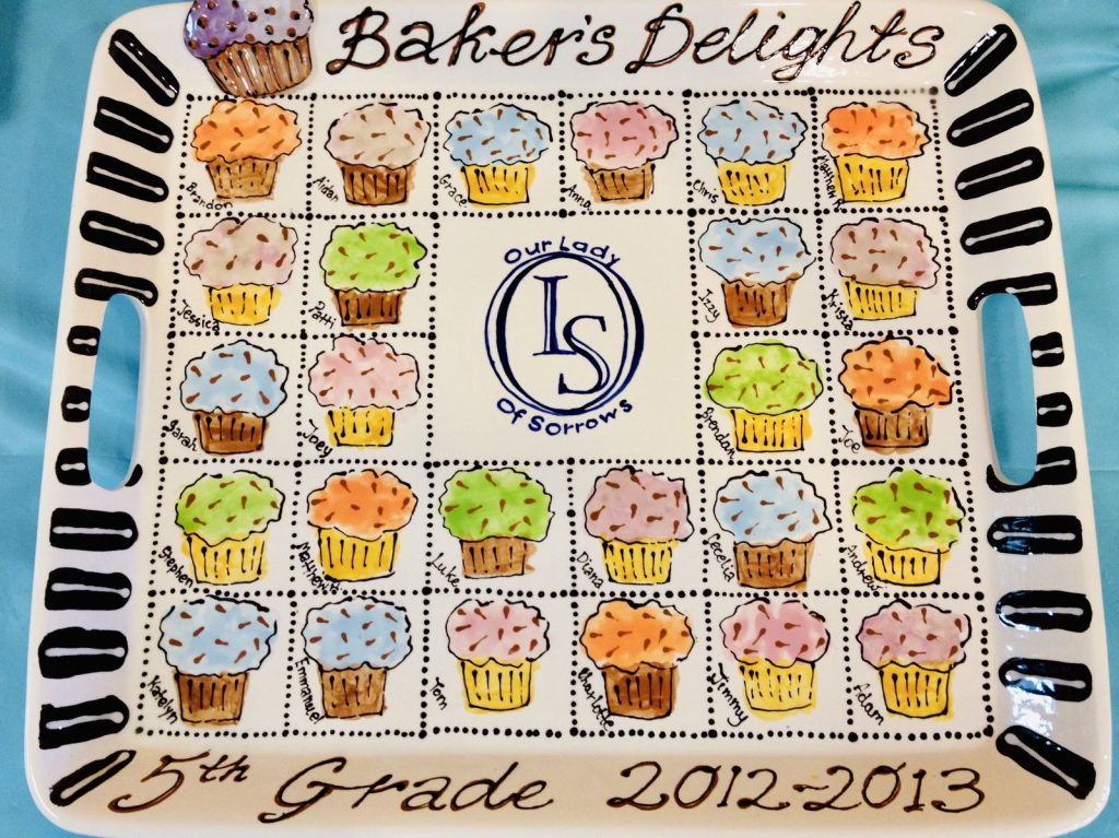 Handled tray covered in fingerprint cupcakes, each labeled with a fifth grader's name, class gift