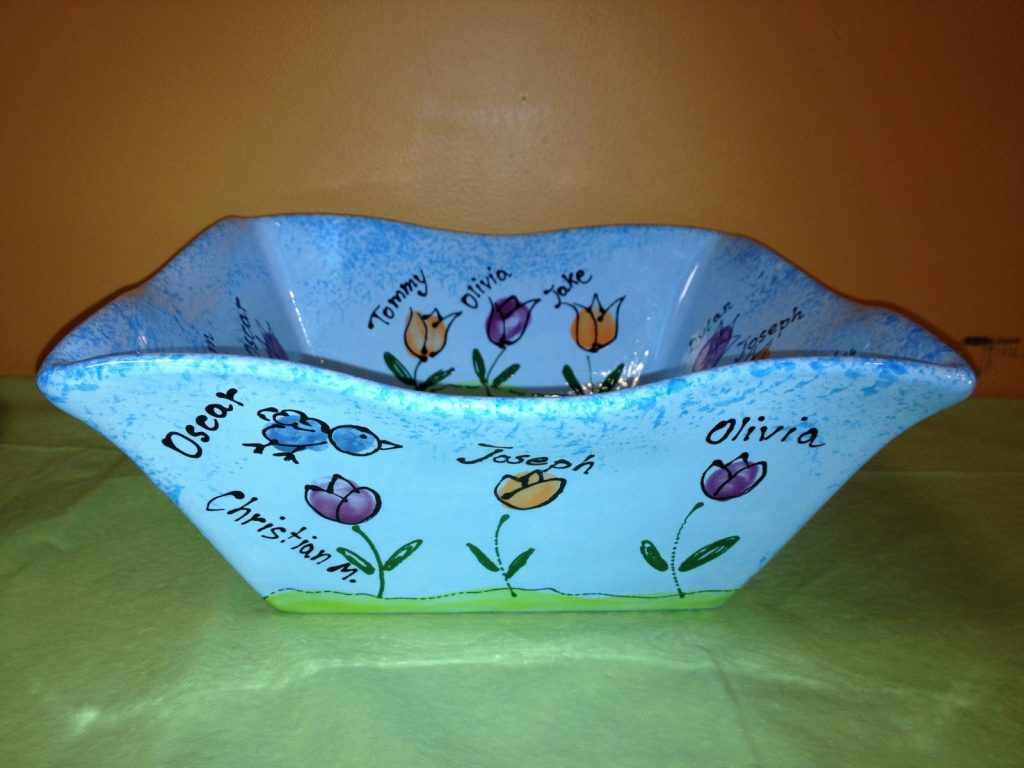 Hand-painted wavy light blue bowl with fingerprint tulips and children's names