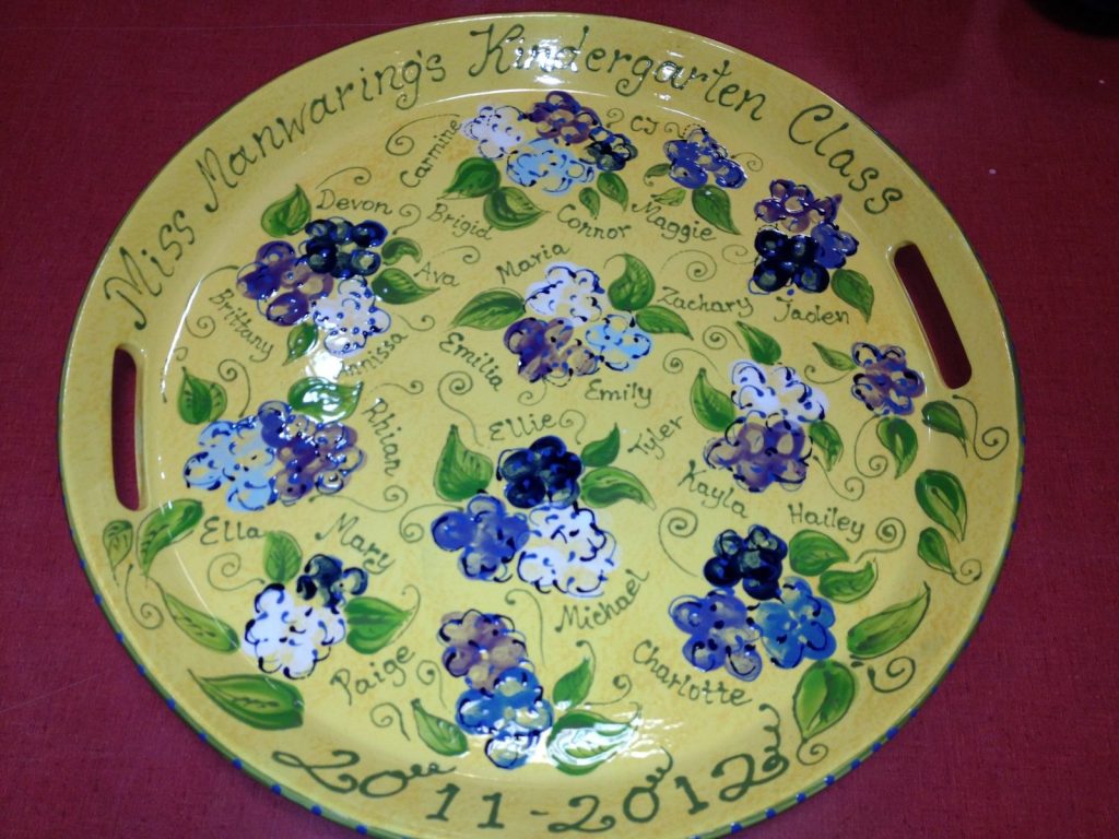 Hand-painted yellow handled tray of blue fingerprint hydrangeas for a kindergarten class, 2011–2012