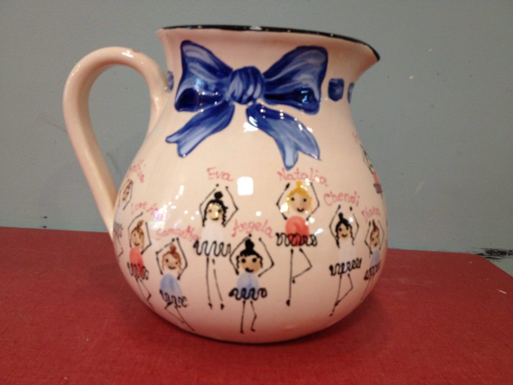 Hand-painted pitcher with a big blue bow and fingerprint ballerinas with children's names