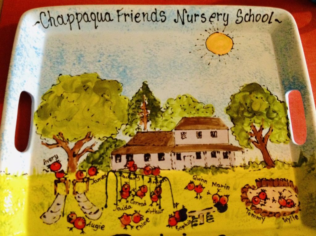 Hand-painted handled tray for Chappaqua Friends Nursery School with a schoolhouse, trees and fingerprint children