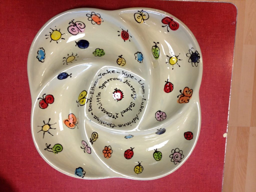 Hand-painted swirl divided platter with fingerprint ladybugs, butterflies and children's names