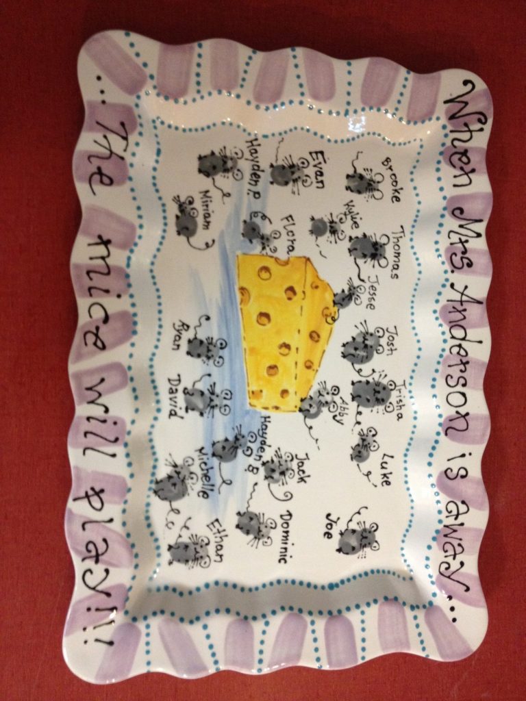 Hand-painted ruffled rectangular platter of fingerprint mice around a cheese wedge with a pink striped rim