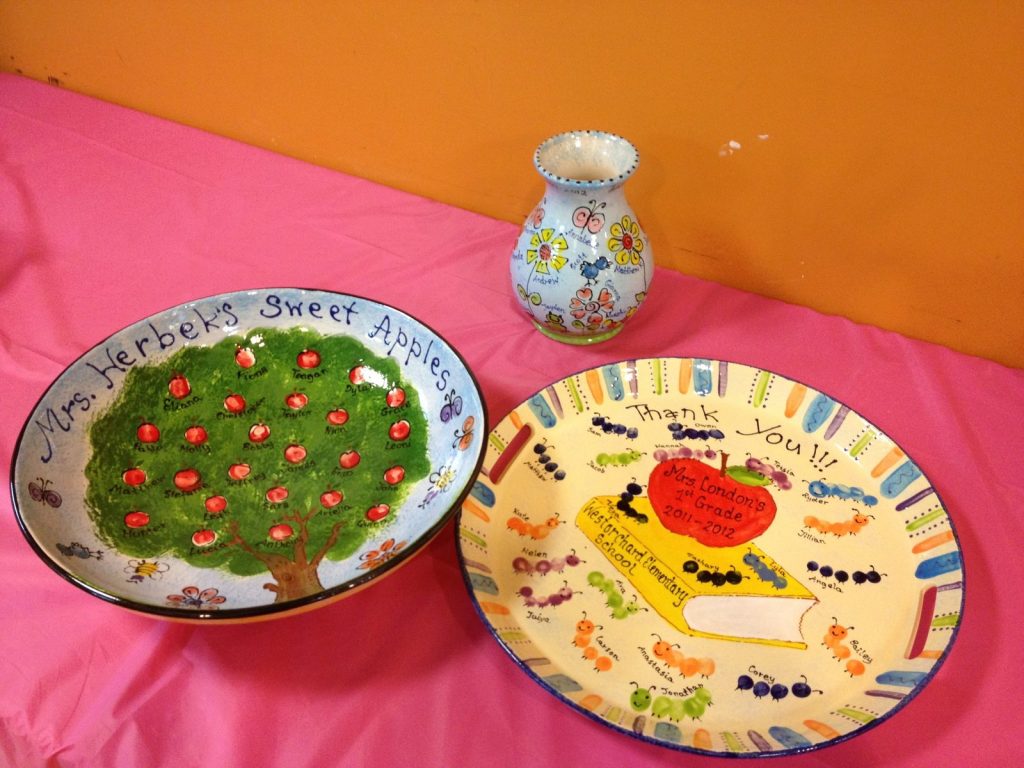 Hand-painted class gift set of a fingerprint apple tree bowl, matching platter and small vase