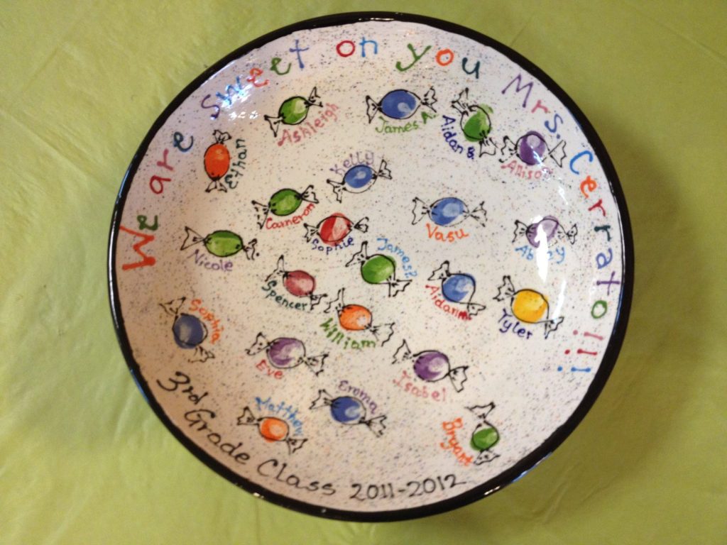 Hand-painted bowl of colorful fingerprint candies, "We are sweet on you," from a 2011–2012 class