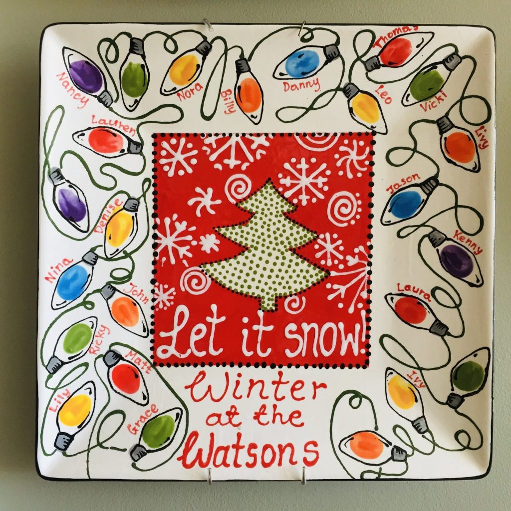 Hand-painted square "Let it snow!" platter with a fingerprint Christmas tree and a string-lights border