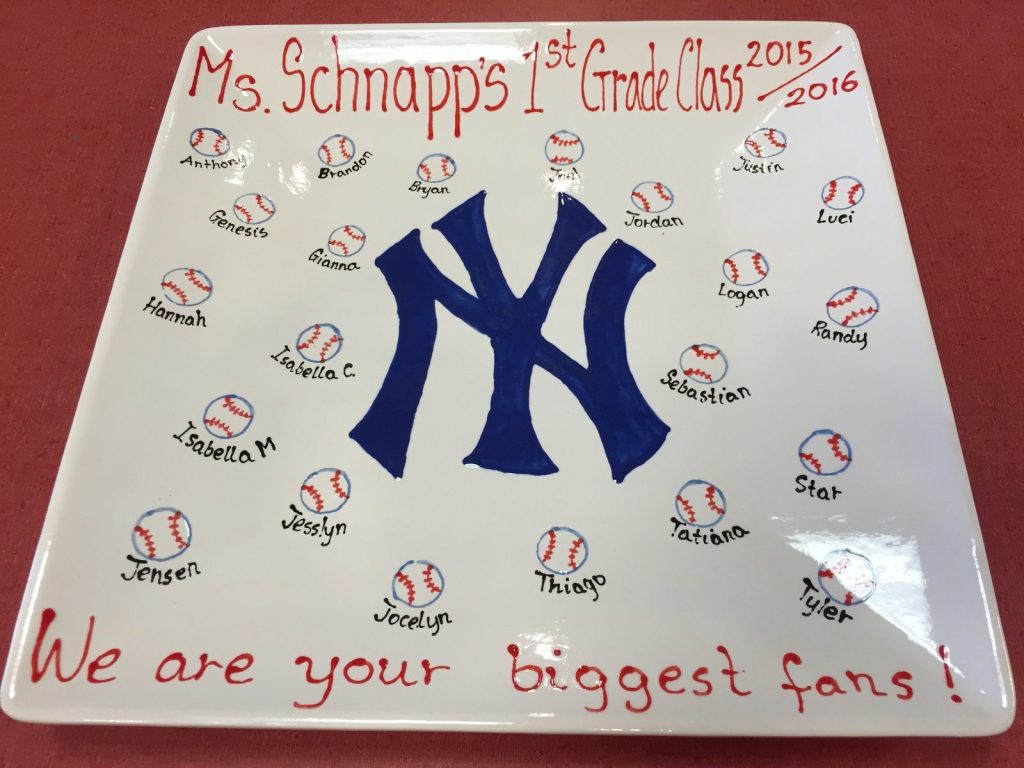 Hand-painted square 1st grade platter with a navy NY logo, baseballs and "We are your biggest fans!"