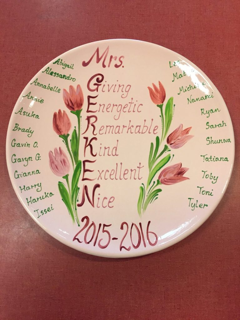 Hand-painted teacher plate with an acrostic poem, pink tulips and children's names, 2015–2016