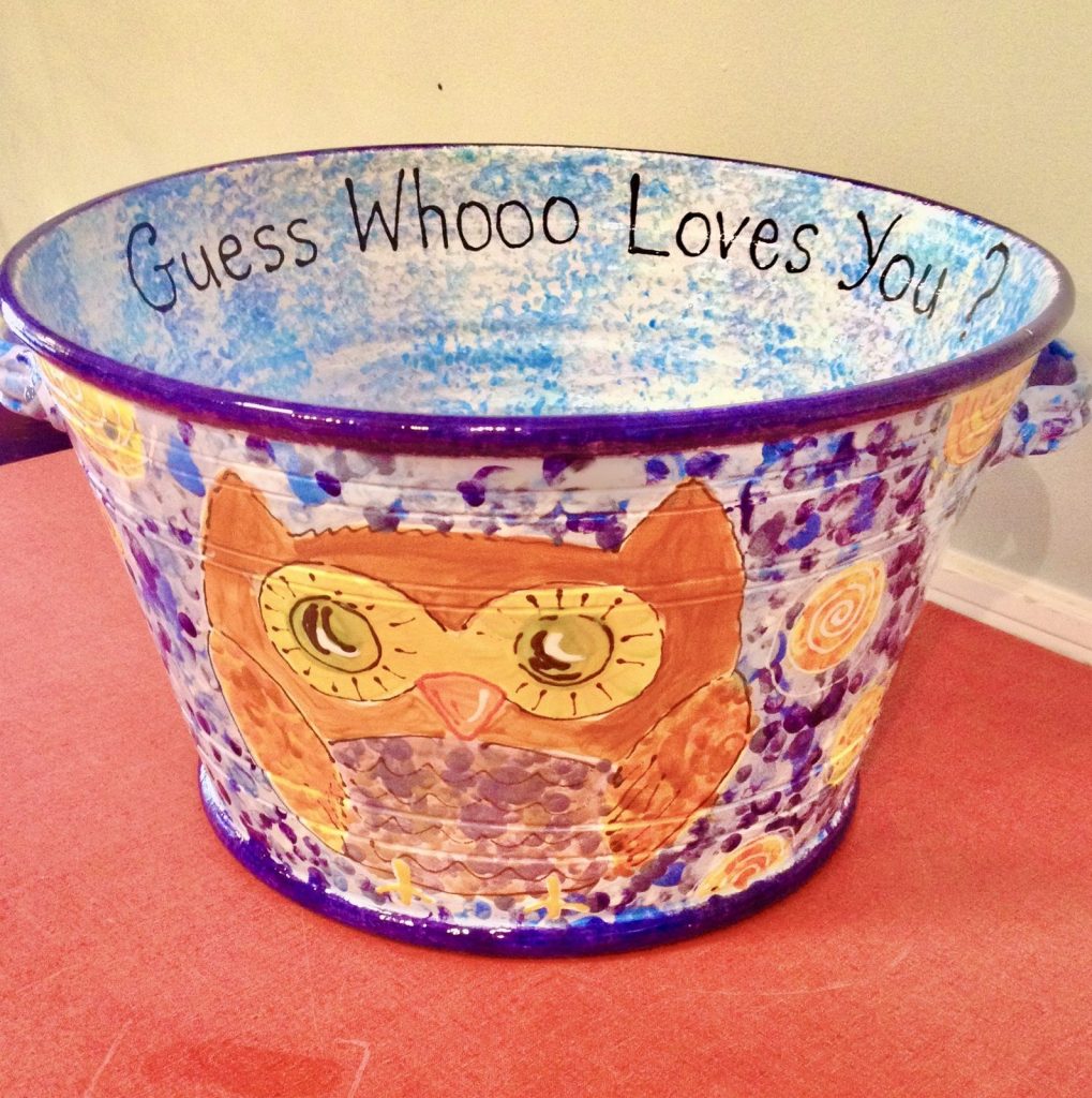 Hand-painted speckled purple bucket with an orange owl and "Guess Whooo Loves You?"